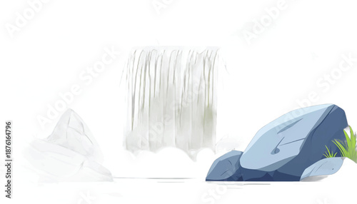 Stylized Waterfall Scene with Rocks and Mountain Illustration.