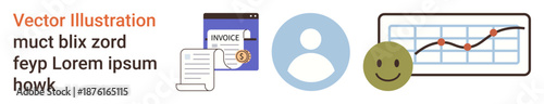 Financial analysis, business planning, data tracking, productivity, user profiling, documentation. Multiple icons including a chart, invoice profile icon and happy face. Financial analysis