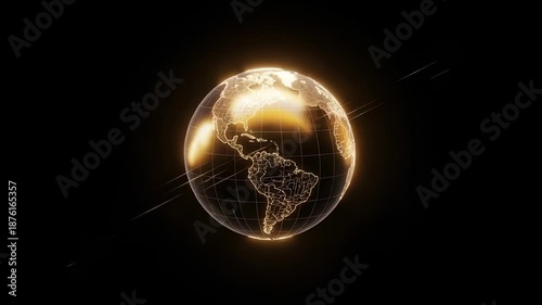 Golden glowing earth hologram rotating on black background with lines