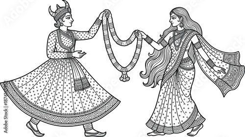 Traditional Indian mythological wedding illustration with bride groom exchanging garland, ancient epic style black and white line art