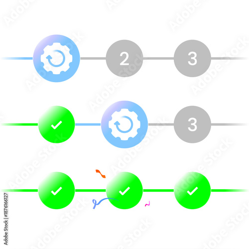 Modern vector illustration of circular progress bar with three status steps showing completed, processing, pending stages. for ui, workflow visualization, step indicator, task progress and status