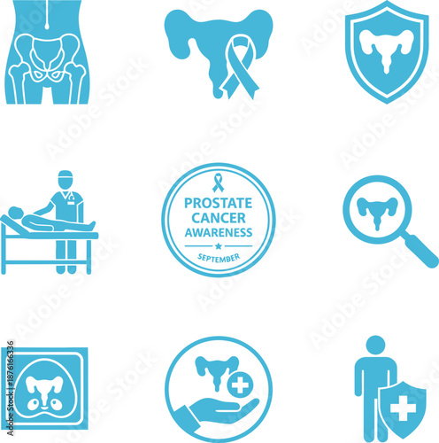A comprehensive collection of vector icons illustrating prostate cancer awareness, early detection, diagnosis, and treatment, ideal for medical health campaigns and educational resources
