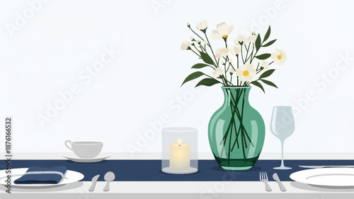 table setting with flowers and wine glass.