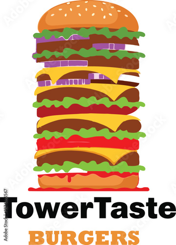TowerTaste Burgers Tall Stacked Burger Logo Vector Illustration
