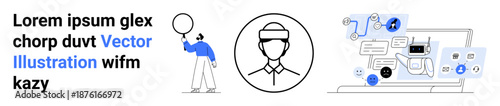 Person holding a balloon, problem identification avatar, exploratory technology visuals. Ideal for technology, communication, research, user profiling, problem-solving, education simple landing page