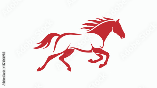 Stylized red horse galloping with flowing mane and tail on a white background, depicting speed and power.