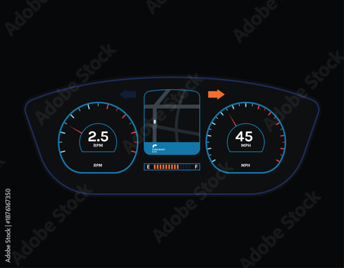 Car dashboard with G P S navigation and gauges speedometer
