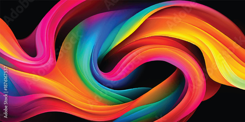 An abstract rainbow background features a colorful swirl of motion and light with a fractal spiral pattern and flowing waves of paint forming a vibrant vortex texture for a modern art wallpaper