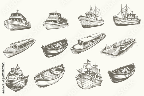 hand drawn in vintage style Sailboat, Motor ship, boat in the sea vector illustration. engraving summer adventure, active vacation. Eps 10