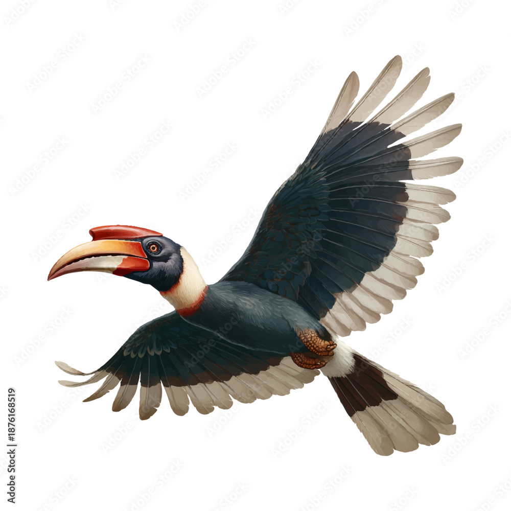 Naklejka premium Colorful toucan in flight with large vibrant beak and outstretched wings, tropical bird illustration, isolated with transparent background