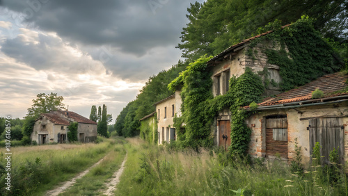 Abandoned stone farmhouses reclaimed by nature's embrace under a dramatic sky