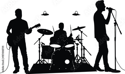 Set of black silhouettes of a music band with singer, guitarist, and drummer performing on stage, live concert vector illustration