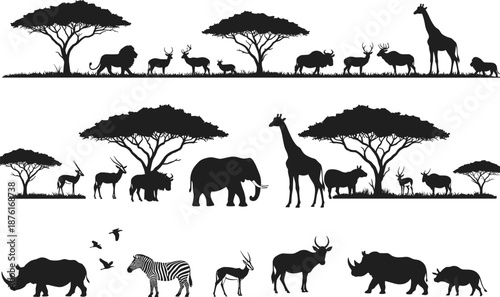 Set of black silhouettes of African savanna wild animals with elephant, giraffe, lion, and rhino isolated on white background, nature collection