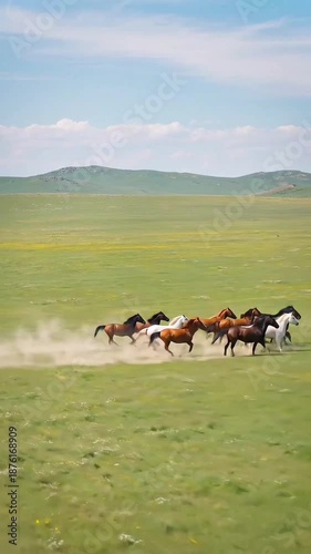 Horses gallop freely on the grassland