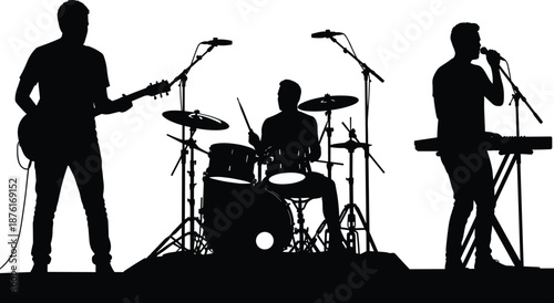 Set of black silhouettes of musicians playing guitar, drums, and keyboard on stage, live music band performance, rock concert vector