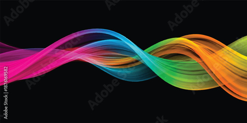 Abstract colorful background featuring a vibrant smoke wave design with flowing fractal lines and rainbow motion energy against a black backdrop illustration