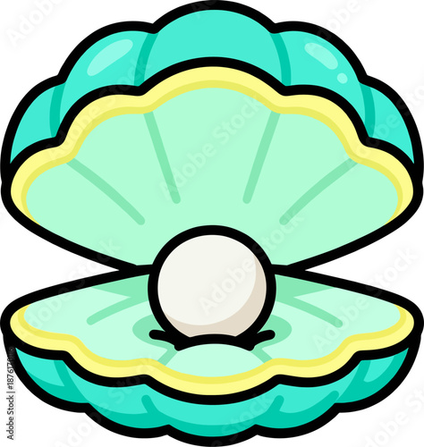 Vibrant Cartoon Open Cyan Seashell Shiny Pearl Gold Accent Vector