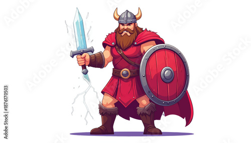 Viking Warrior Cartoon Character with Sword and Shield.