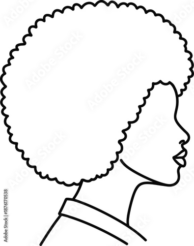 Minimalist black and white line art illustration depicting a beautiful woman with a voluminous natural afro hairstyle in profile view