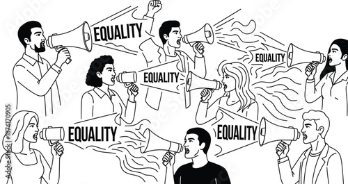 Diverse group of activists passionately use megaphones to amplify their unified call for equality in a powerful black and white illustration symbolizing social justice movements.