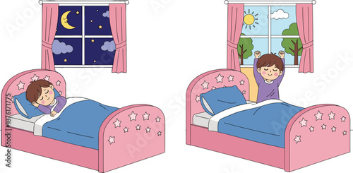 Morning and night bedroom scene, child sleeping and waking, window view, daily routine, cartoon illustration, lifestyle design, white background