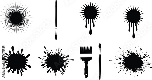 Ink splatter and brush illustration set, black texture elements, dripping effects, artistic design, white background, graphic stroke collection
