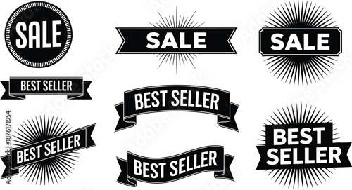 Promotional label and badge set, sale and best seller icons, black and white design, marketing graphic, retail advertising elements