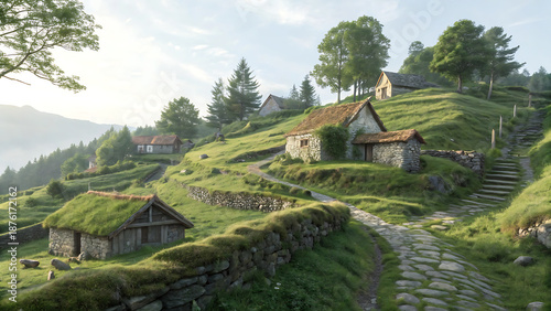 A serene morning in a picturesque mountain village with grass-roofed houses and cobbled paths