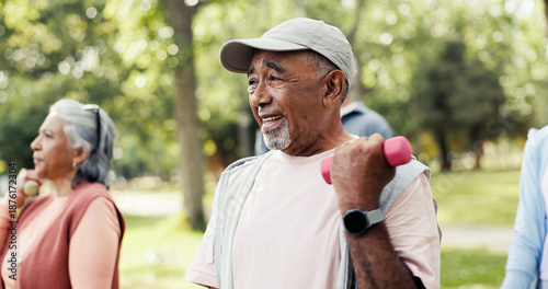 Tablou pe pânză Man, dumbbells and old people in park with workout, class and nature for senior fitness club