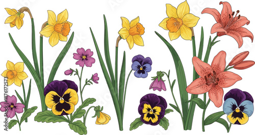 Colorful floral arrangement with daffodils, lilies, and pansies blooming