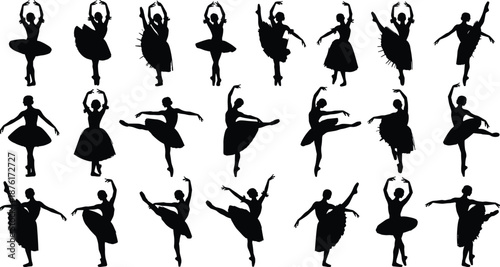 Large Collection of Black Ballerina Silhouettes Performing Classical Ballet Poses and Graceful Dance Movements for Arts Performance and Theater Stage Concepts