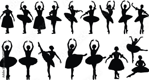 Black Silhouettes of Professional Ballerina Dancers Performing Various Classical Ballet Poses and Dance Movements for Arts Performance and Graceful Stage Concept