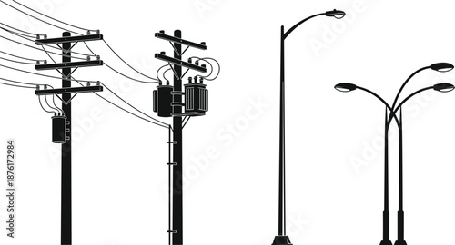 Black Silhouette Set of Electric Power Utility Poles and Modern Curved Street Light Lamps Isolated on White Background for Infrastructure