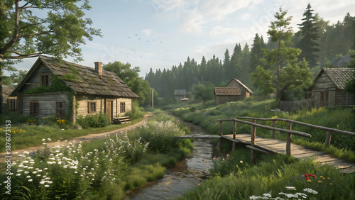 A picturesque rural village scene featuring an old wooden house, a gentle stream, and lush green meadows