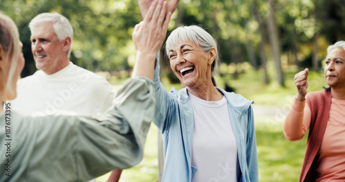 Instructor, high five and old people in park with fitness, class and nature for support or help. Retirement, hobby and personal trainer with elderly group, celebration or workout for wellness advice
