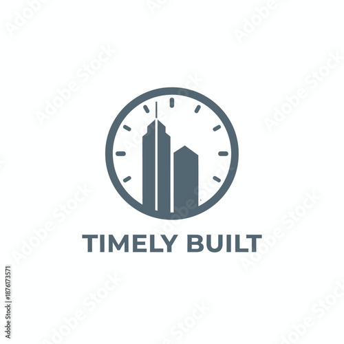 Skyscraper silhouette inside a clock face icon for fast construction or real estate service named TIMELY BUILT text