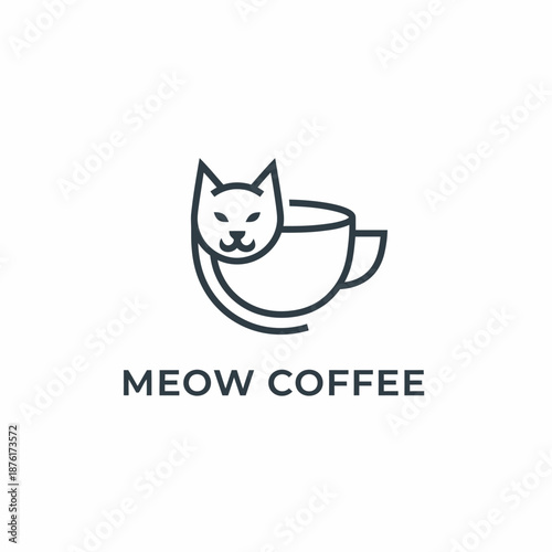 Minimalist cat head and coffee cup line art icon for pet friendly cafe or bistro brand named MEOW COFFEE text
