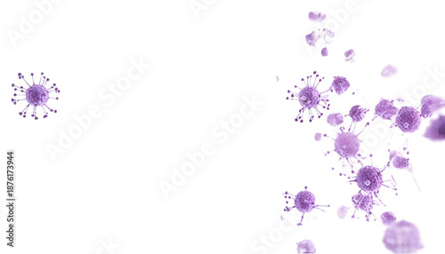 Abstract digital illustration of purple virus particles or bacteria. Depicts microscopic pathogens, ideal for science, medical, or biology concepts like infection, disease, and virology.
