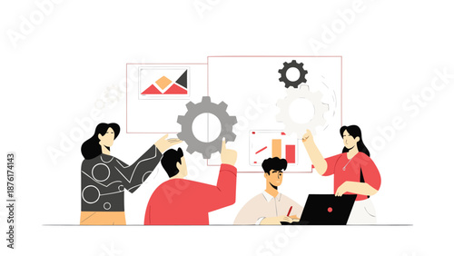 Team collaboration on business strategy with gears and graphs