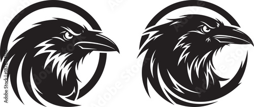 Vector illustration Raven and Crow Head Profile Logos Gothic Black Bird Symbols in Circular Frames