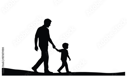 Silhouette of a father holding his young son's hand as they walk together on a grassy path, symbolizing paternal love, guidance, and the precious moments of childhood.