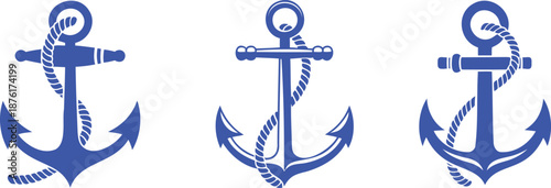 Three blue nautical anchors with ropes on white background