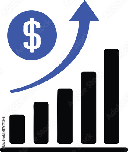 Blue circle with dollar sign and rising bar graph money