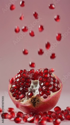 Red pomegranate seeds falling onto fresh fruit