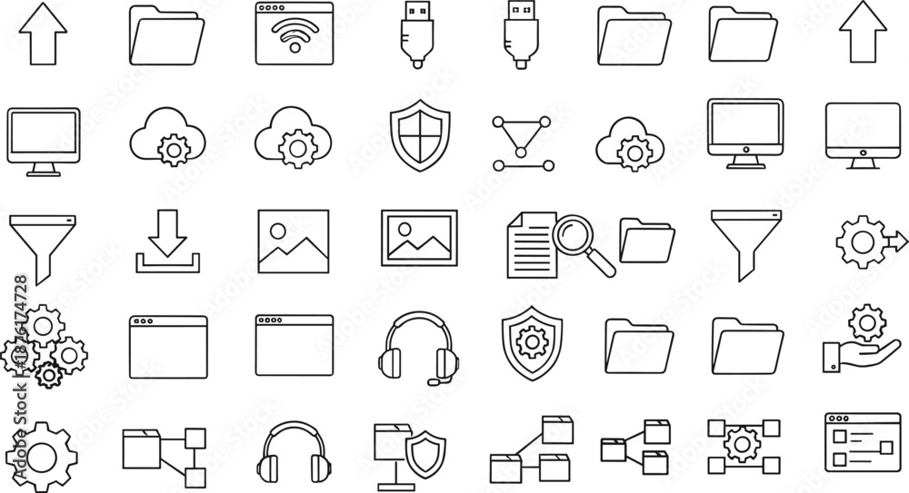 Fototapeta premium Computer and data management vector icon set featuring folders, security shields, networks, settings, cloud storage, filters, and technology tools