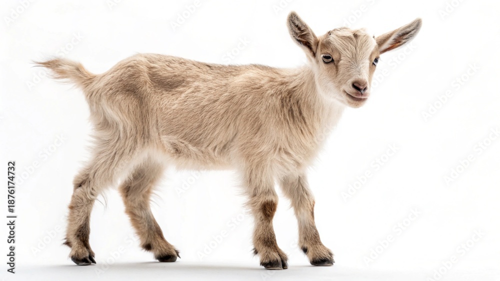 Obraz premium A young brown and white domestic goat with small horns stands isolated on a white background, representing rural livestock and farm agriculture