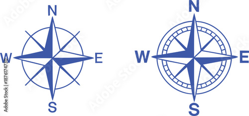 Two blue compass rose with cardinal directions north