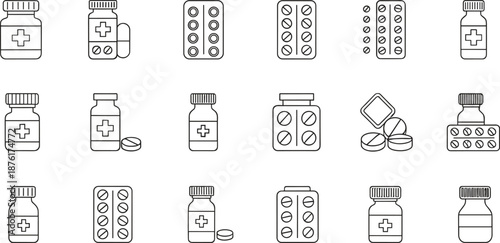 Medicine bottle and pill blister vector icon set featuring tablets, pharmaceuticals, healthcare packaging, supplements, and medical containers