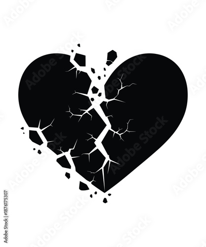 A black silhouette of a heart shattering into many small pieces, symbolizing heartbreak, sadness, or emotional distress, with sharp cracks radiating outwards.