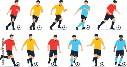 Set of Soccer Players Dribbling and Running with Football in Various Action Poses Isolated Flat Vector Illustration for Sports Design